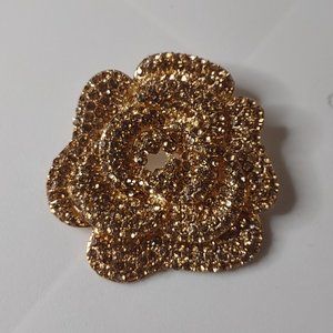 Heavy Metal Rhinestone Gold Tone Large Rose Brooch